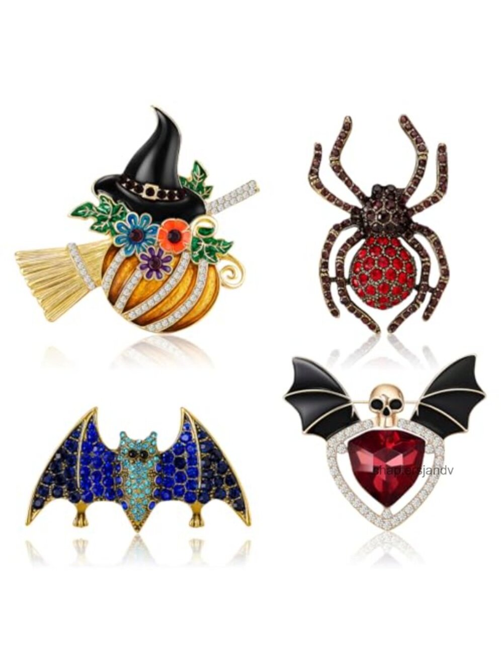 Rhinestone Gothic Halloween Brooch Pin Set Skull Bat Spider Pumpkin